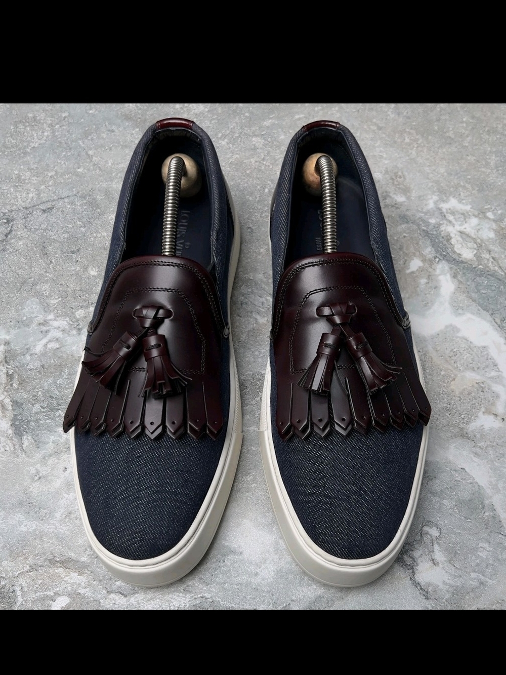 Louis Vuitton Navy Denim and Burgundy Leather Tassel Slip-Ons(AUTHENTIC)